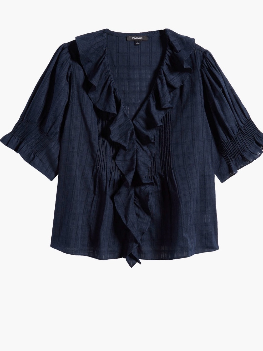 Madewell Windowpane Plaid Ruffle Puff Sleeve Top size XS in Navy